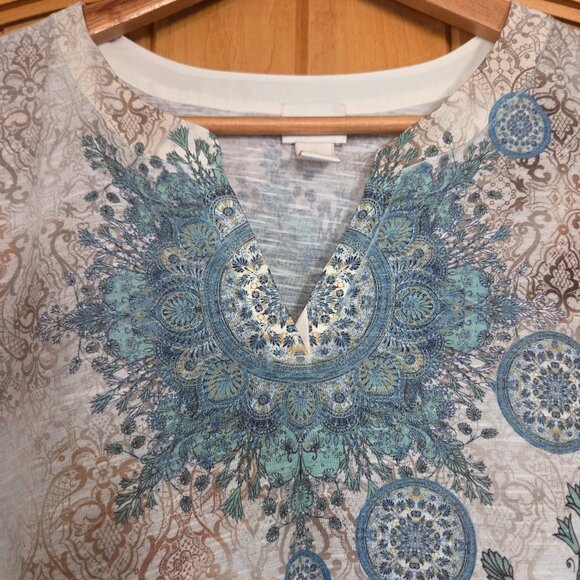 Chico's Sz 2 Assymetric Hi-Lo 3/4 Sleeve Mandala Pattern Boho Blouse - Picture 3 of 10